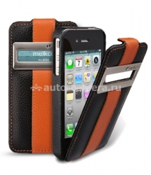 Кожаный чехол для iPhone 4 и 4S Melkco ID Type LE (Black/Orange LC), цвет черно-оранжевый (APIPO4LCJDMBKOELC)