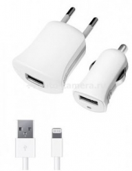 Набор Deppa из автомобильного и сетевого зарядных устройств 1А и дата-кабель USB – Lightning, цвет белый