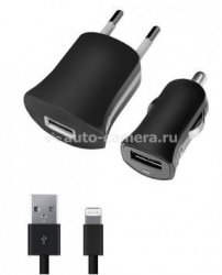 Набор Deppa из автомобильного и сетевого зарядных устройств 1А и дата-кабель USB – Lightning, цвет черный