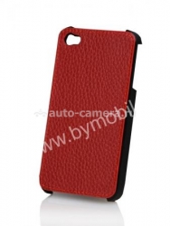 Пластиковая накладка-чехол для iPhone 4 Ainy с кожаным оформлением, цвет красный