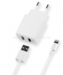Сетевое зарядное устройство Deppa 2 USB 2.1 А + дата-кабель USB – Lightning, цвет белый